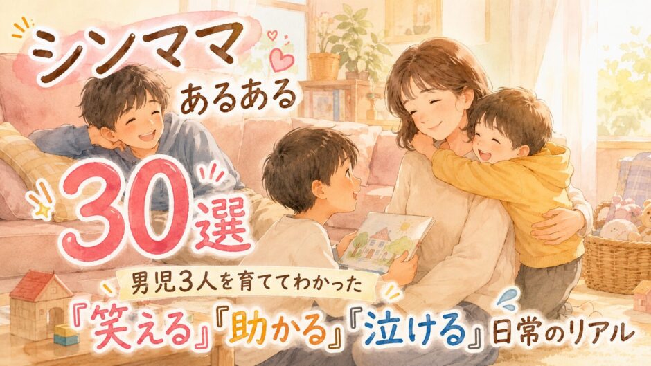 シンママあるある｜男児3人を育てている母と3人の男の子が温かいリビングで寄り添うイラスト
